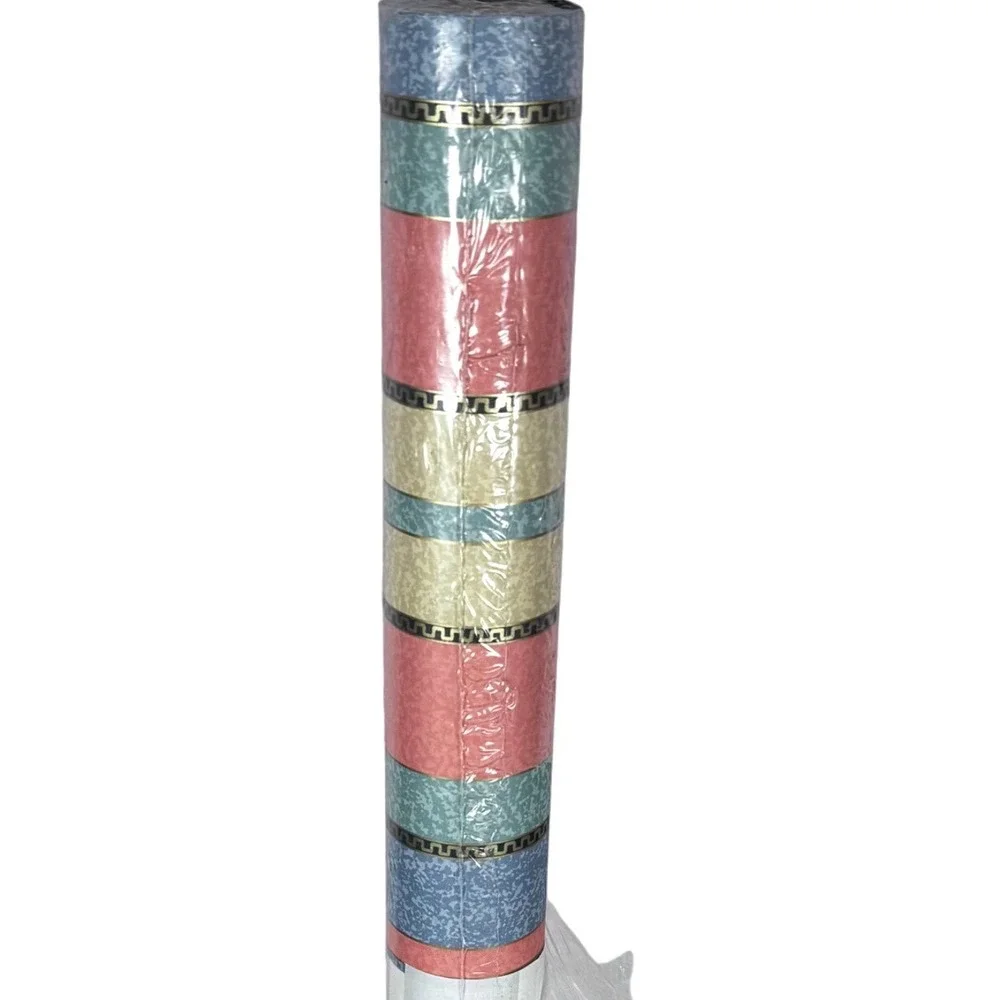 Birge Vintage Wallpaper Striped Pink Blue Pastels Gold Greek Key 55.4 sq ft New